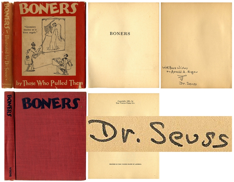 Dr. Seuss Signed First Edition, First Printing of His Adult Humor Book, ''Boners'' in Original Dust Jacket -- Inscribed to Author-Psychoanalyst Arnold Rogow